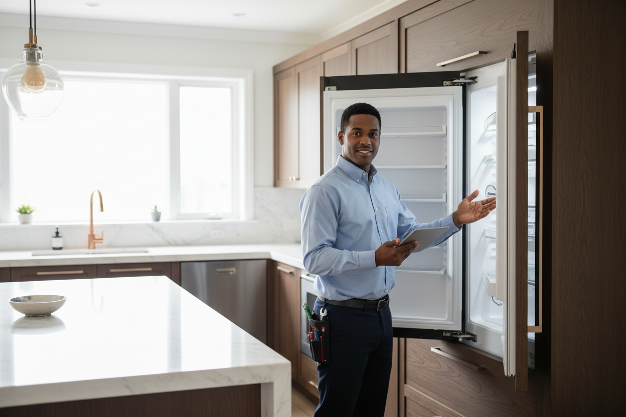 Professional appliance repair technician inspecting a built-in refrigerator